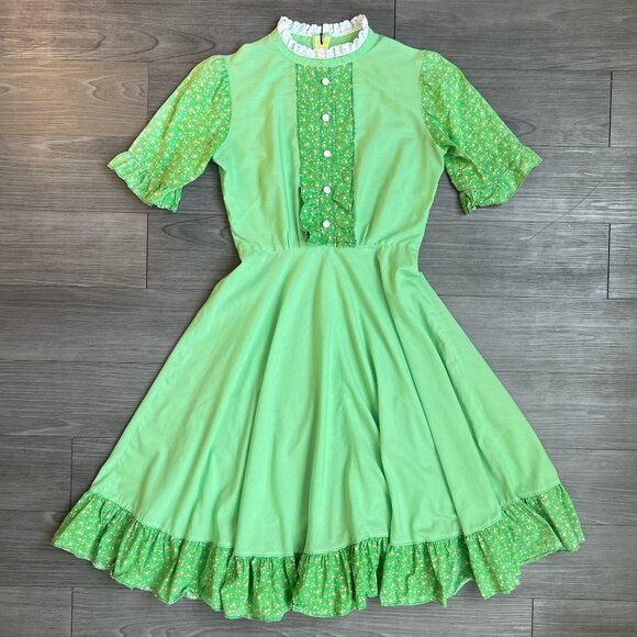 Vintage Handmade Green Floral Ruffle Bodice Mock Neck Midi Prairie Dress Size M - Picture 1 of 8